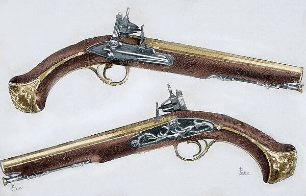Pistols. 18th century. Colored engraving