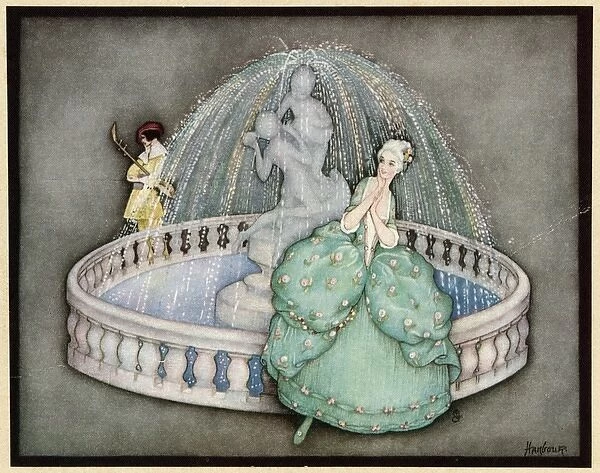 Rococo lady stands by a fountain