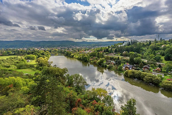 View of Berounka river and village Zadni Treban from Black Rock (Cerna Skala), Rovina, Hlasna Treban, Central Bohemia, Czech Republic (Czechia), Europe