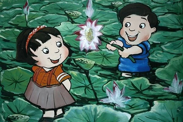 Taiwanese children in lily pond
