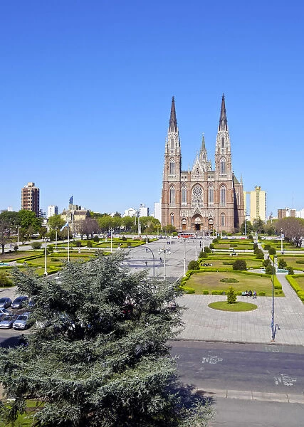 Argentina, Buenos Aires Province, La Plata, View of the Plaza Moreno and the Cathedral
