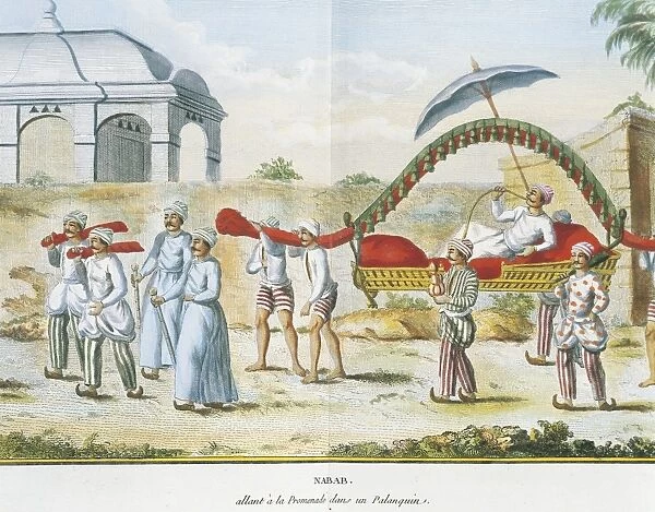India, Nabob (governor in India under Mogul Empire) being carried on palanquin (covered litter) by Pierre Sonnerat from Journey, engraving, 1774