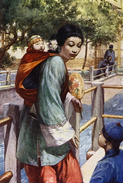 China: Girl and baby (colour litho)