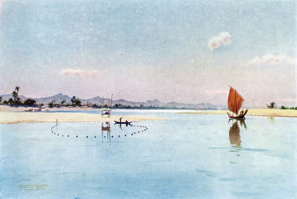 Net Fishing on the Irrawaddy (colour litho)
