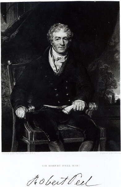 Portrait of Sir Robert Peel (1788-1850), engraved by H, Robinson (engraving) (b  /  w photo)