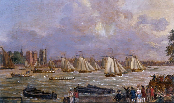 Yachts of the Cumberland Fleet racing off Lambeth Palace, 1775 (oil on canvas)