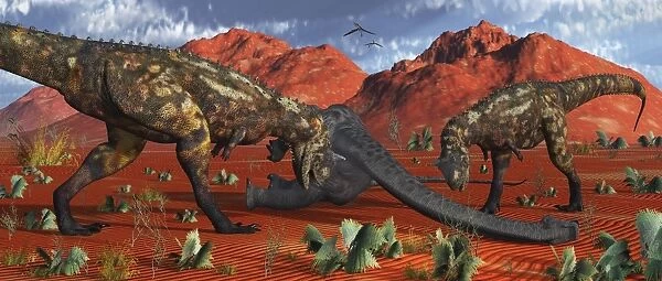 A pair of Carnotaurus dinosaurs ready to devour a dead sauropod