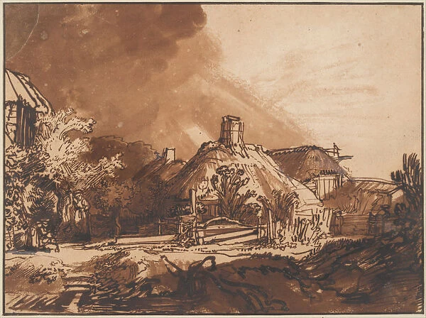 Cottages under a Stormy Sky, c. 1640. Artist: Rembrandt van Rhijn (1606-1669)