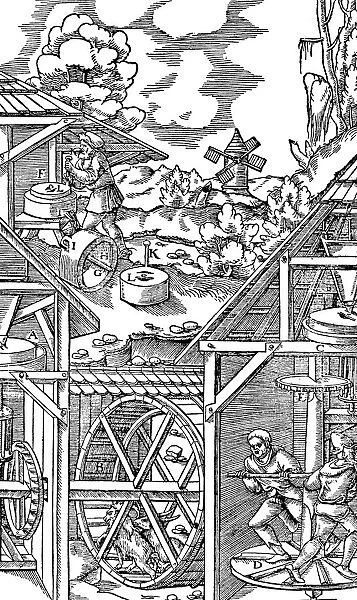 Crushing gold bearing ores in mills similar in principle to flour mills, 1556