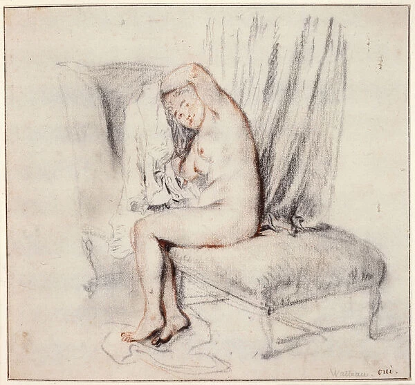 Nude woman sitting on a chaise longue, putting on her shirt, 18th century. Artist: Jean-Antoine Watteau