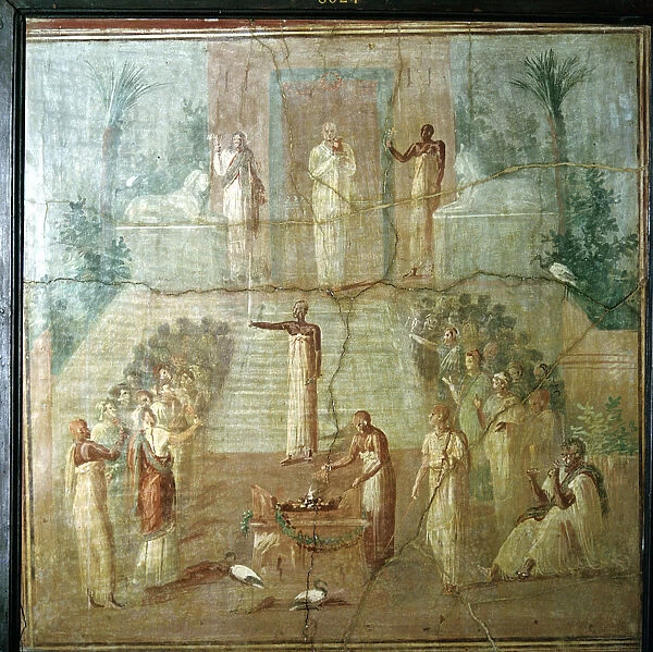 Roman wallpainting showing priests of Isis performing their ceremony, Herculaneum, Italy