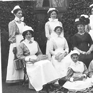 Formal group of ten nurses with collecting boxes, and lady