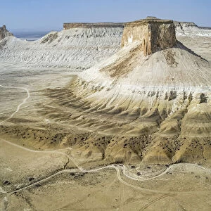 Aerial of Bozzhira Canyon, Ustyurt plateau, Mangystau, Kazakhstan, Central Asia, Asia
