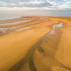Camber Sands Beach at sunrise, Camber, near Rye, East Sussex, England, United Kingdom