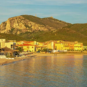 View of beach at sunset in Golfo Aranci, Sardinia, Italy, Mediterranean, Europe