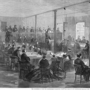 The courtroom at the Old Penitentiary in Washington, D. C. during the trial of the conspirators of the assassination of President Lincoln. Wood engraving from an American newspaper of June 1865