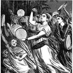 EXODUS: MIRIAM CELEBRATING. Miriam, half sister of Moses celebrating the Israelites miraculous passage of the Red Sea (Exodus 15: 20). Wood engraving, 19th century