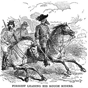 NATHAN BEDFORD FORREST (1821-1877). American army officer. Major General Forrest leading his Confederate cavalry forces on a raid, c1864. Wood engraving, American, late 19th century