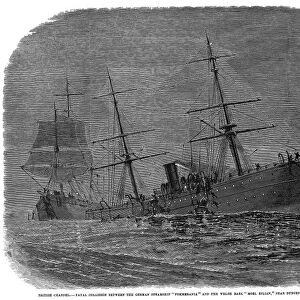 STEAMSHIPS COLLISION, 1878. Fatal collision between the German steamship Pommerania and the Welsh bark Moel Eilian, near Dungeness Point, in the British Channel, 26 November 1878. Contemporary wood engraving