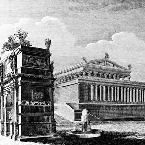 TEMPLE OF VENUS AND ROMA. Reconstruction of the Temple of Venus and Roma, Colossus of Nero and the Colosseum in Rome. Line engraving, Italian, 1831