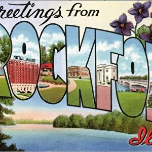 Greeting Card from Rockford, Illinois. ca. 1941, Rockford, Illinois, USA, Rockford, founded in 1834, is the third largest city in the state of Illinois. Population more than 85, 000. Noted for its machine tool and furniture industries. Just a few miles south of Rockford is one of the finest military camps in the U. S. A. Camp Grant