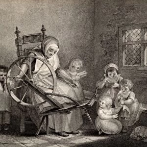 Village School. A Dame School, showing the teacher spinning while supervising