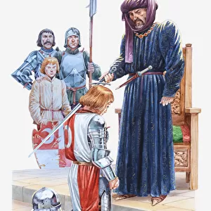 Illustration of a medieval squire being dubbed a knight