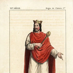 Chlothar I, King of the Franks, King of Soissons, Merovingian dynasty, 497-562. He wears a crown, a long cape over two tunics of different lengths, and holds a bizarre mace