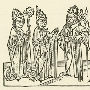 The Holy Roman Emperor and the Pope, accompanied by a knight and a bishop, holding swords, symbolising judicial power in their lands (woodcut)