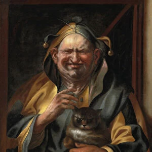 A jester with a cat (oil on canvas)