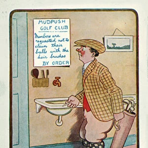 Man in a golf club dressing room reading a notice instructing members not to clean their balls with the hair brushes (colour litho)