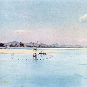 Net Fishing on the Irrawaddy (colour litho)