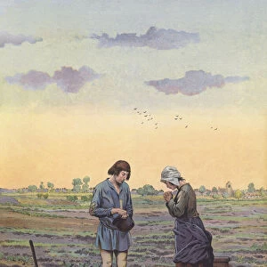 Peasants pausing from their work in the fields for prayers as ordered by the King (colour litho)