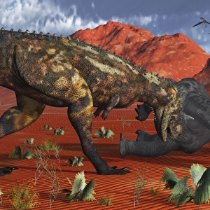 A pair of Carnotaurus dinosaurs ready to devour a dead sauropod