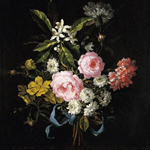 Bouquet of Chamomile, Roses, Orange Blossom and Carnations Tied with a Blue Ribbon. Artist: Monnoyer, Jean-Baptiste (1636-1699)