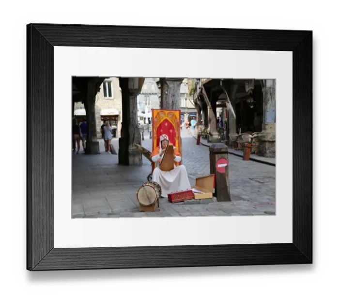 Framed Print : Medievial busker, Dinan, Brittany, France