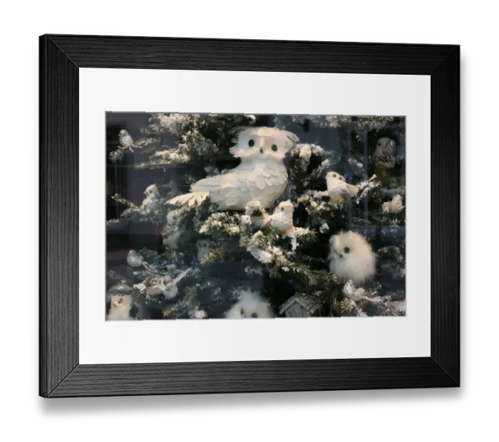 Framed Print : Decorative owl on christmas tree