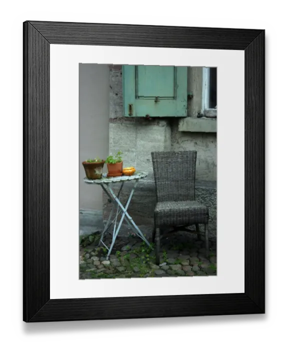 Framed Print : Basket chair and plants