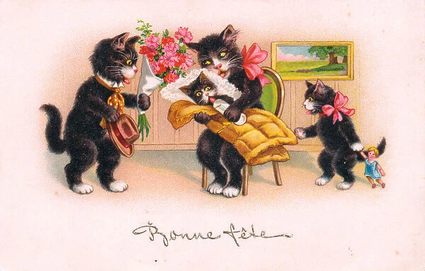 Cats and kittens on a French birthday postcard
