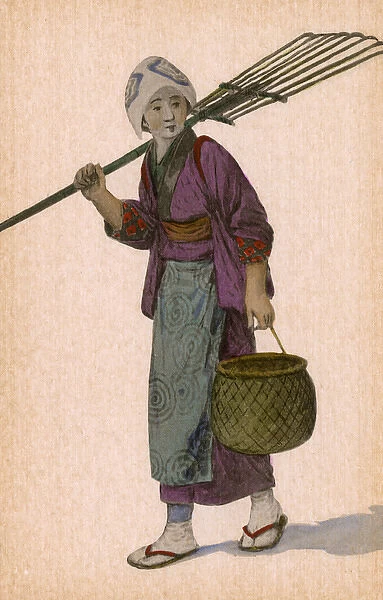 Japan - Japanese woman with rake and basket
