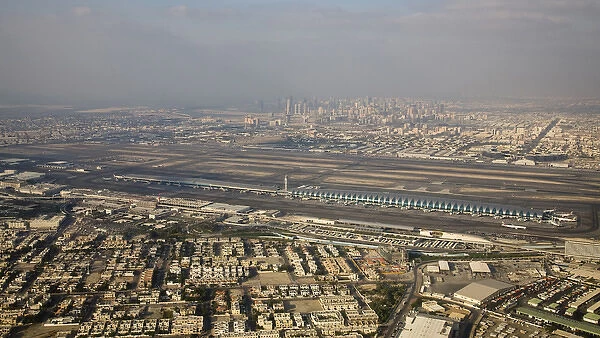 United Arab Emirates, Dubai. Aerial view of Dubai International Airport and new terminal