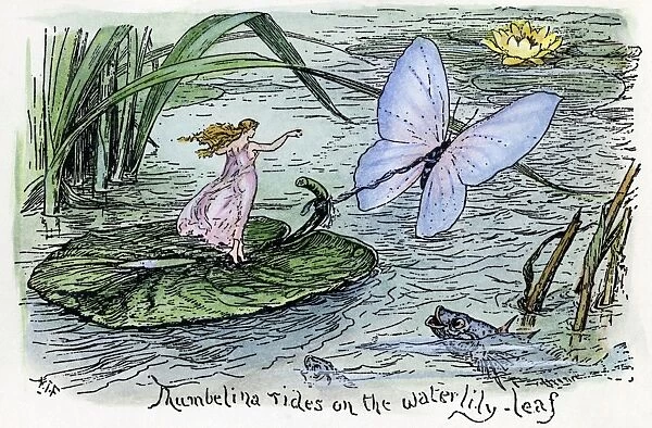 ANDERSEN: THUMBELINA. Thumbelina rides on the waterlily leaf. Drawing by Henry J