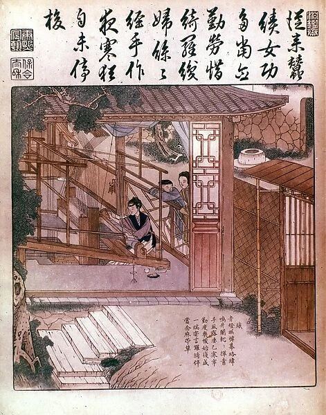 CHINA: SILK MANUFACTURE. Weaving silk on a loom. Chinese print, 1689