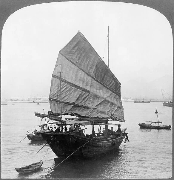 CHINESE JUNK, c1907. Chinese junk sailing in the harbor of Hong Kong, China. Stereograph