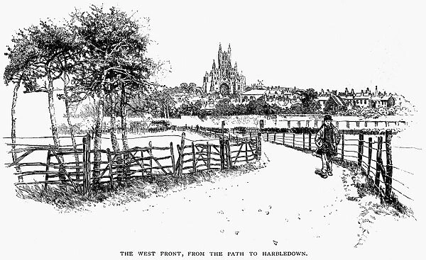 ENGLAND: CANTERBURY. The west front of Canterbury Cathedral from the path to Harbledown. Line engraving, 1887, after Joseph Pennell