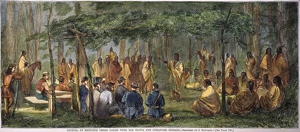 MEDICINE LODGE TREATY, 1867. The 1867 peace council at Medicine Lodge Creek, Kansas, between the U. S. military and the Kiowa, Apache, Comanche, and Cheyenne, which arranged for land on which to build the Kansas branch of the Pacific railroad. Contemporary wood engraving