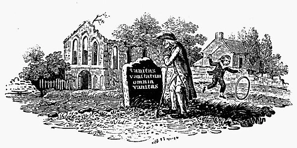 OLD MAN AT TOMBSTONE. Wood engraving, early 19th century, by Thomas Bewick (1753-1828)