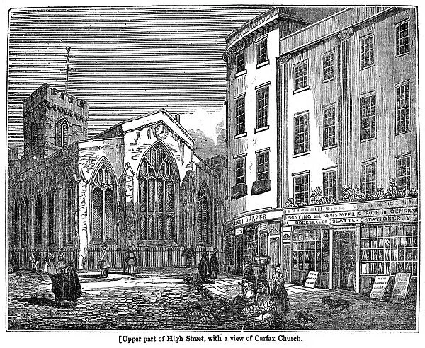 OXFORD: HIGH STREET, 1834. View of the upper part of High Street in Oxford, England, with St. Martins (or Carfax) Church at left. Wood engraving, English, 1834