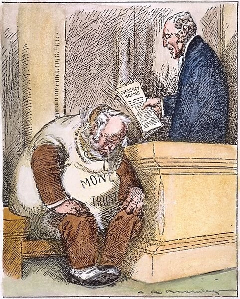 Reading the Death Warrant. Cartoon, 1913, by Charles R. Macauley on U. S. President Woodrow Wilsons currency message to Congress which resulted in the passage of the Federal Reserve Act