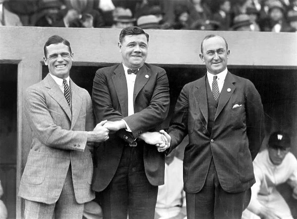SISLER, RUTH & COBB, 1924. American professional baseball players George Sisler, Babe Ruth and Ty Cobb, photographed at the opening game of the World Series between the New York Giants and the Washington Senators, 4 October 1924